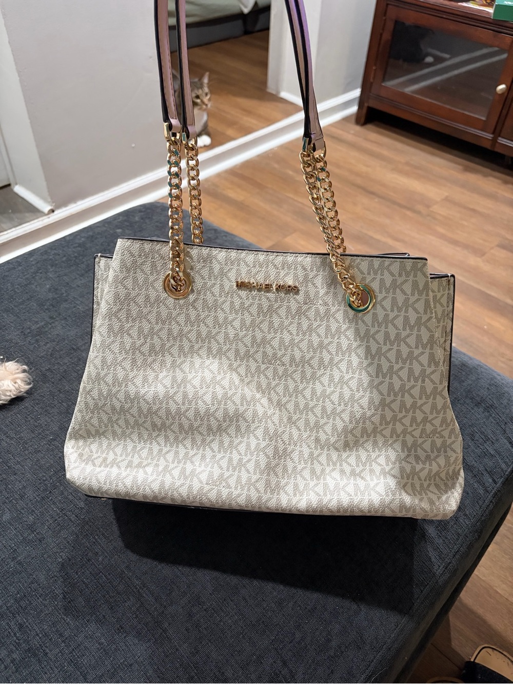 Michael Kors Beige Logo Tote with Gold Chain Straps